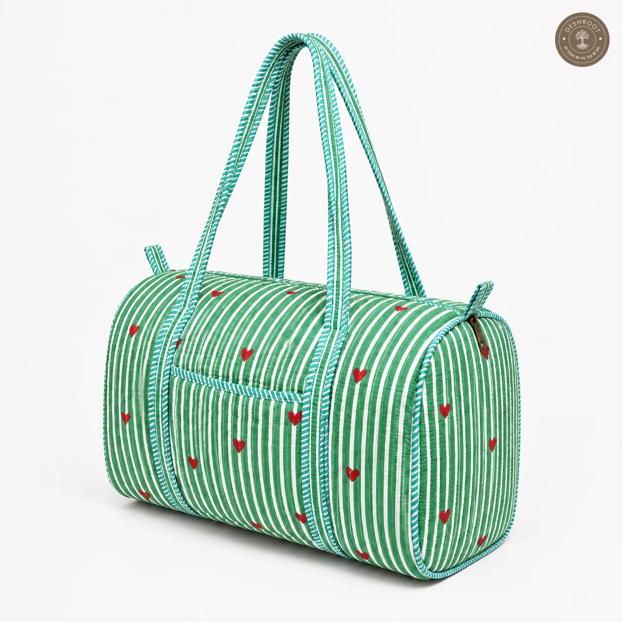 Handcrafted Quilted Green Striped Cotton Duffel Bag with Heart Print