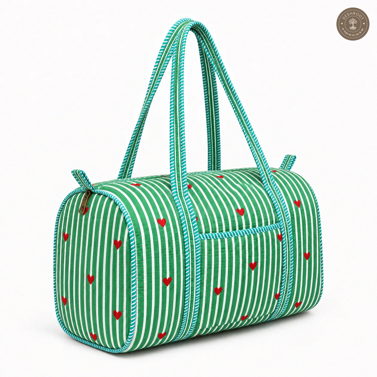 Handcrafted Quilted Green Striped Cotton Duffel Bag with Heart Print