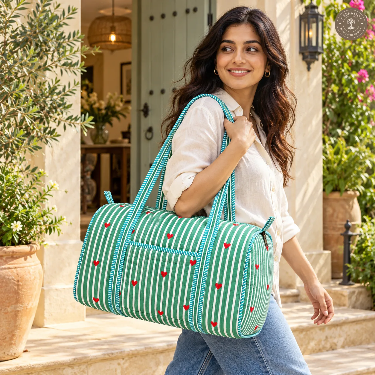 Handcrafted Quilted Green Striped Cotton Duffel Bag with Heart Print