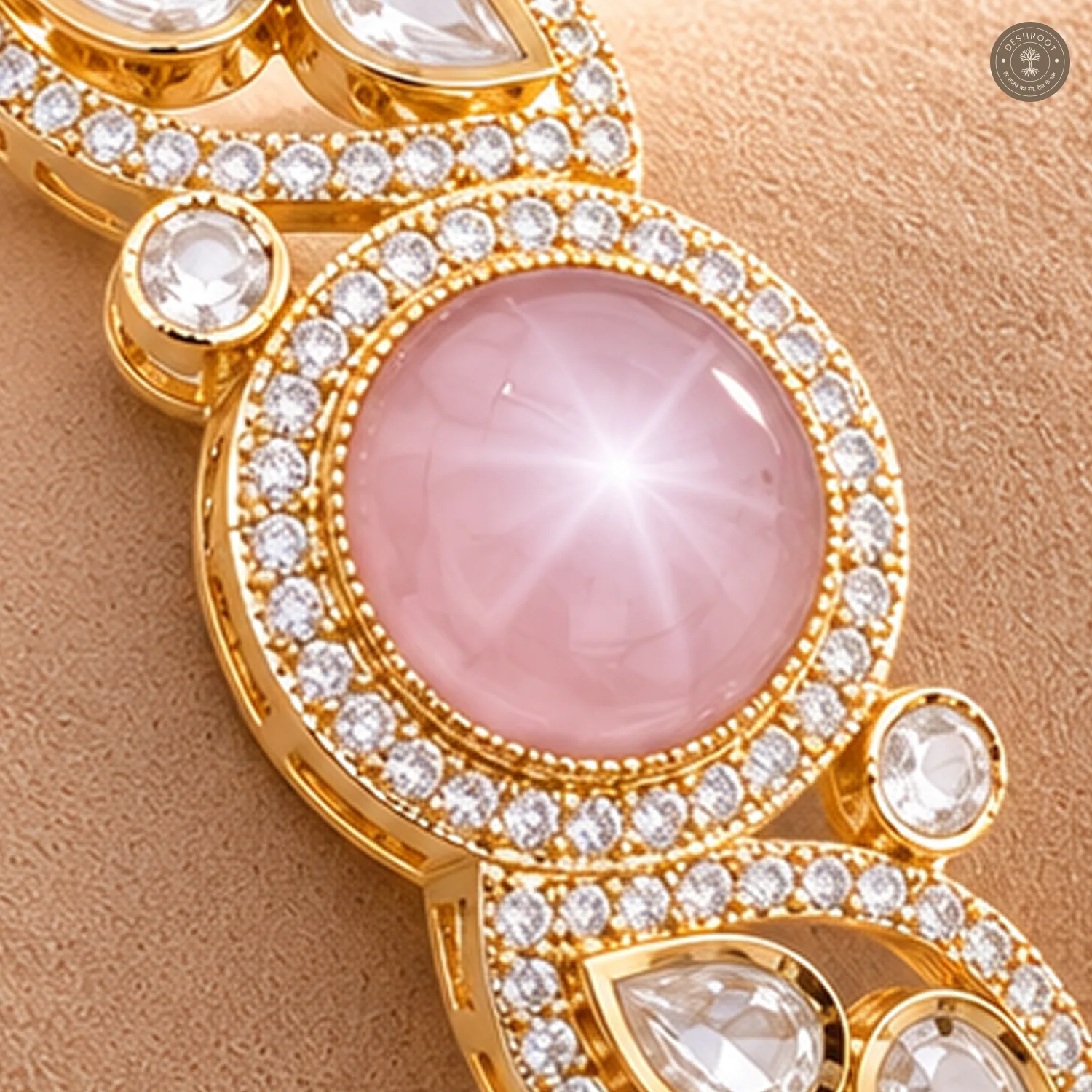 Round Cabochon Centre Stone Halo Teardrop Swirl Gold-Tone Kada Bracelet