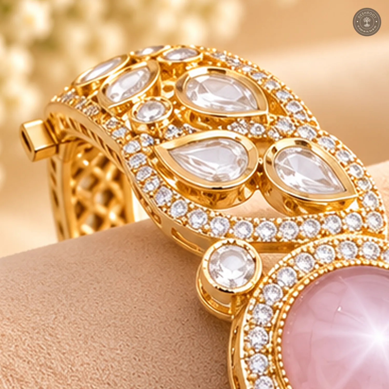 Round Cabochon Centre Stone Halo Teardrop Swirl Gold-Tone Kada Bracelet