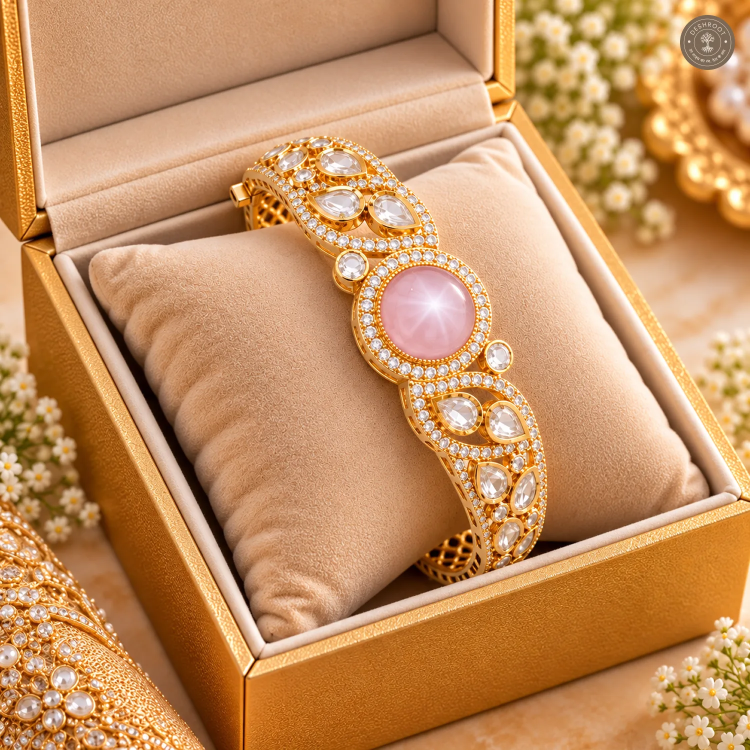 Round Cabochon Centre Stone Halo Teardrop Swirl Gold-Tone Kada Bracelet