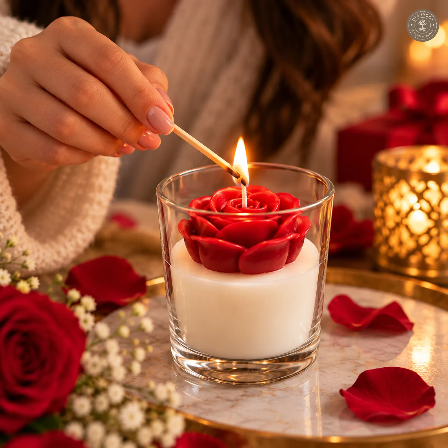 Handcrafted Red Rose Scented Candle in Glass Jar