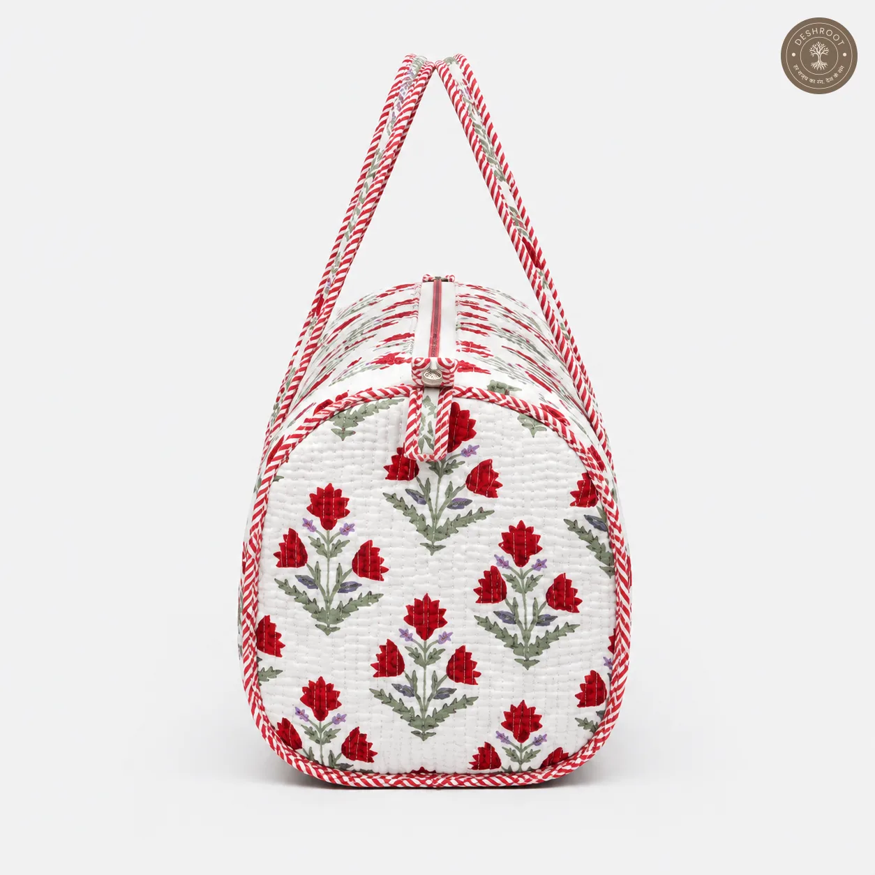 Handcrafted Quilted Red Floral Cotton Duffel Bag
