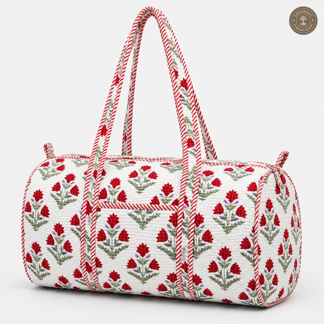 Handcrafted Quilted Red Floral Cotton Duffel Bag