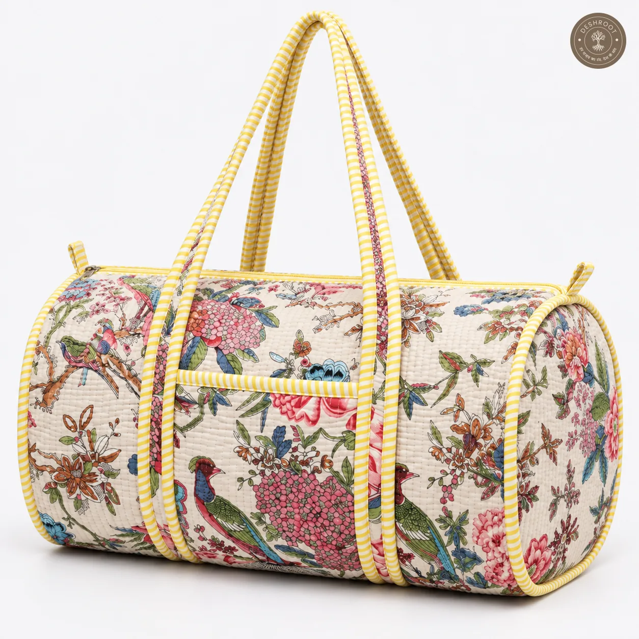 Handcrafted Quilted Vintage Floral & Bird Print Cotton Duffel Bag