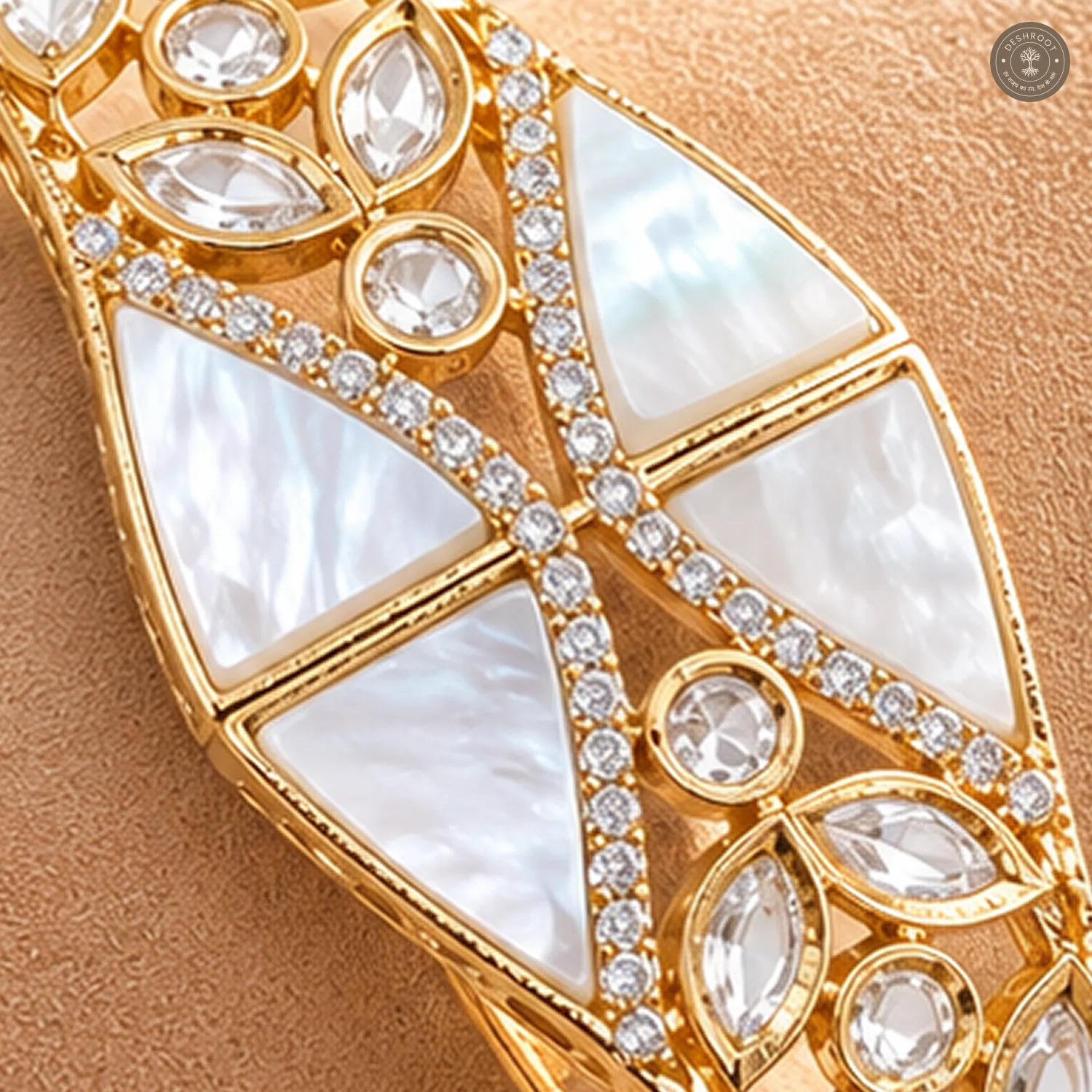White Panel Criss-Cross Leaf Stone Gold-Tone Kada Bracelet