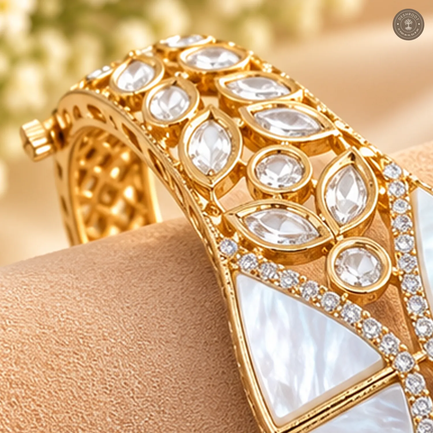 White Panel Criss-Cross Leaf Stone Gold-Tone Kada Bracelet