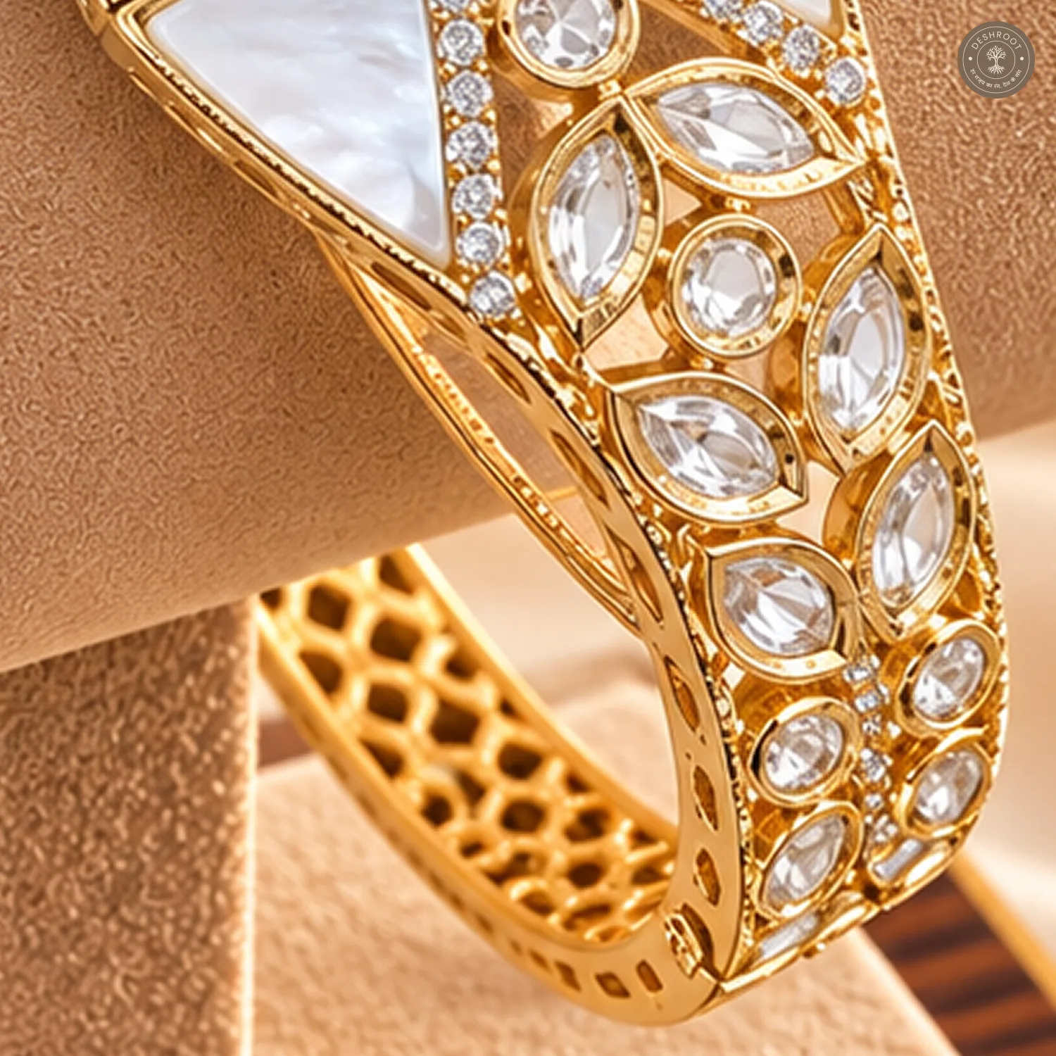 White Panel Criss-Cross Leaf Stone Gold-Tone Kada Bracelet