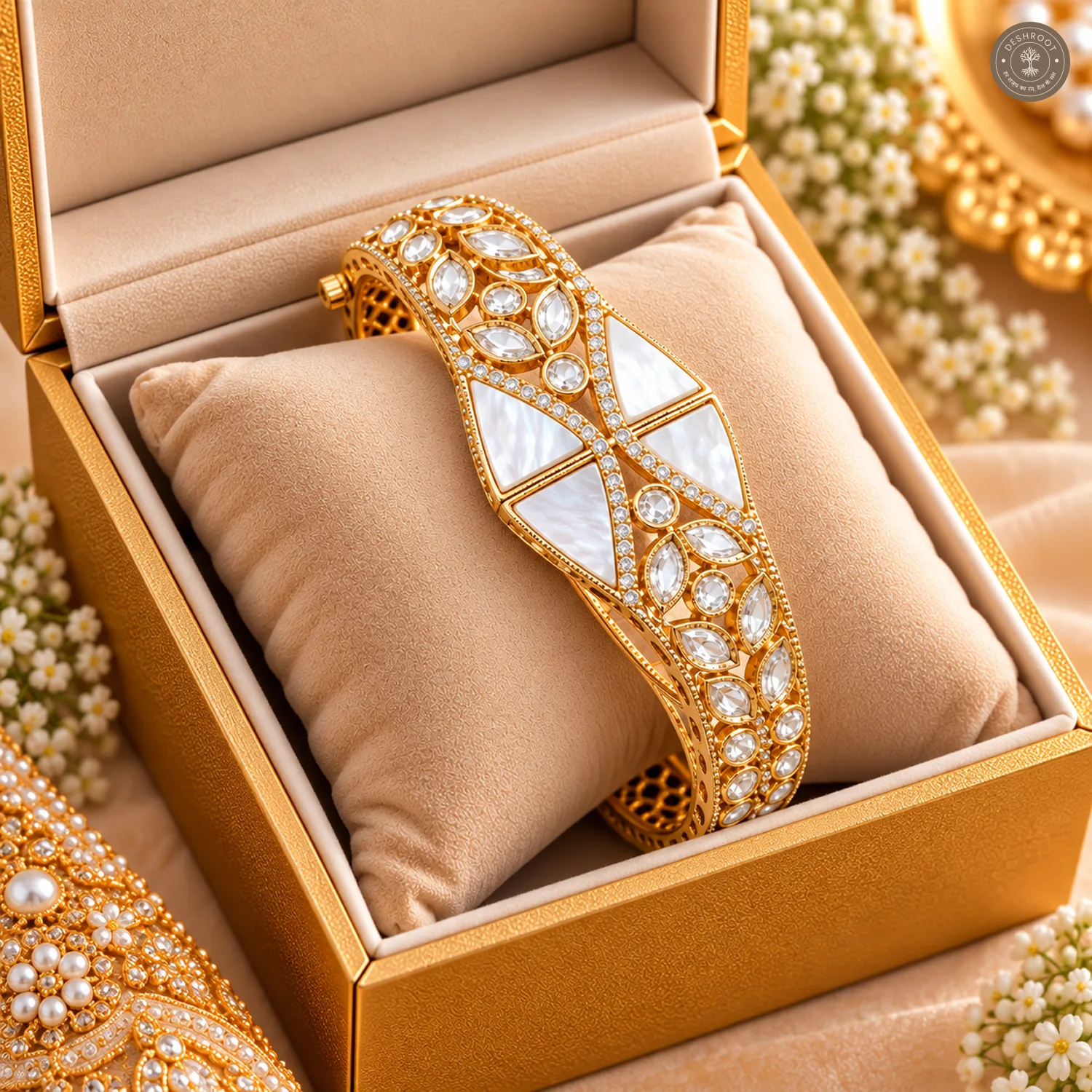 White Panel Criss-Cross Leaf Stone Gold-Tone Kada Bracelet