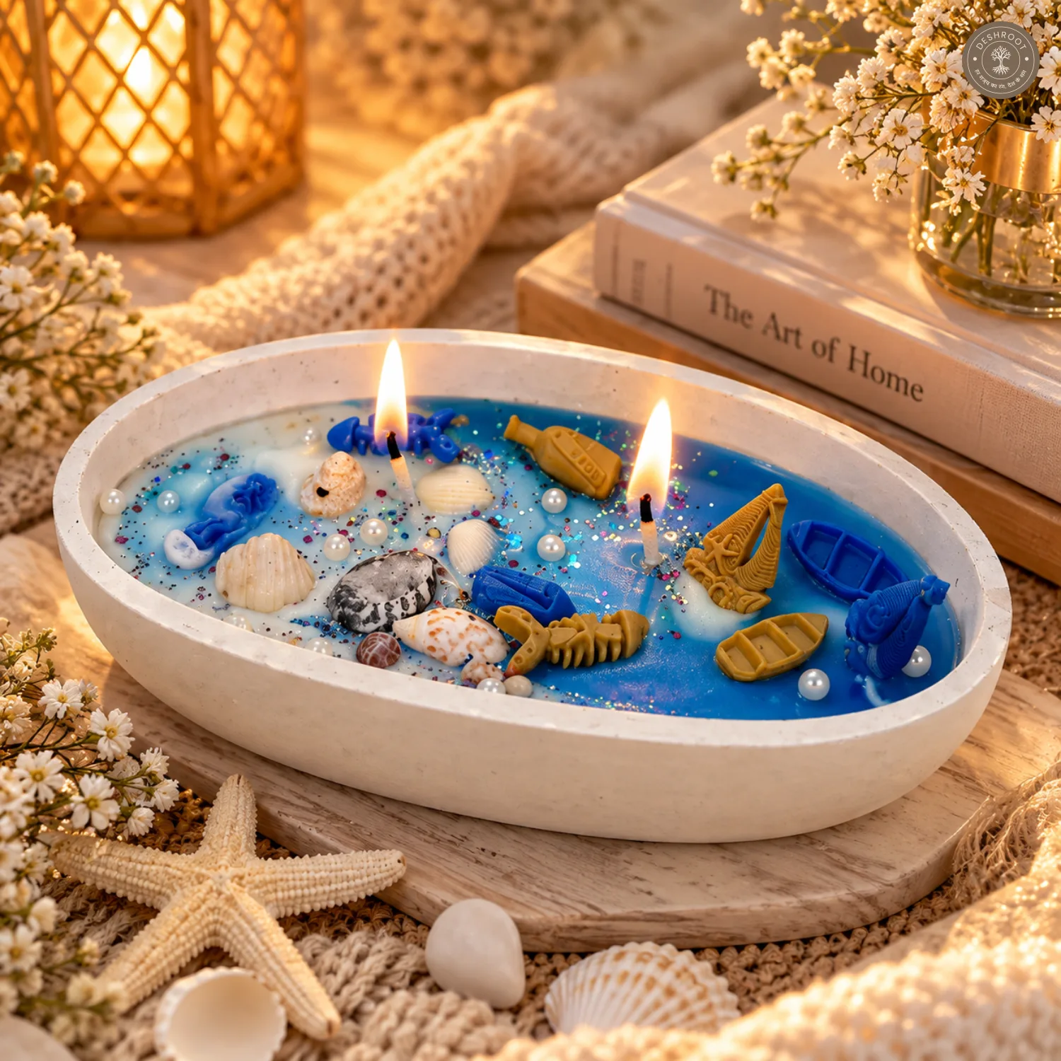 Handcrafted Ocean Soy Wax Candle in Decorative Bowl – Coastal Seashell Candle with Casting Art Mini Boats & Pearl Accents – Luxury Beach Theme Home Décor Gift