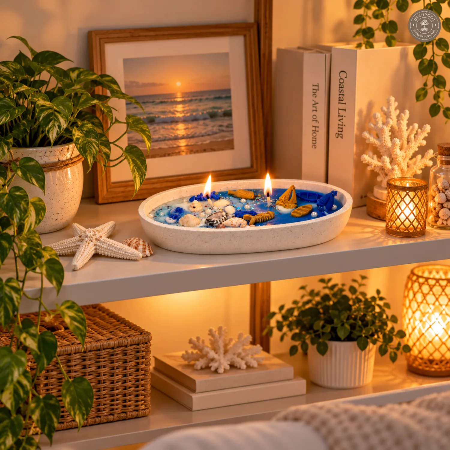 Handcrafted Ocean Soy Wax Candle in Decorative Bowl – Coastal Seashell Candle with Casting Art Mini Boats & Pearl Accents – Luxury Beach Theme Home Décor Gift
