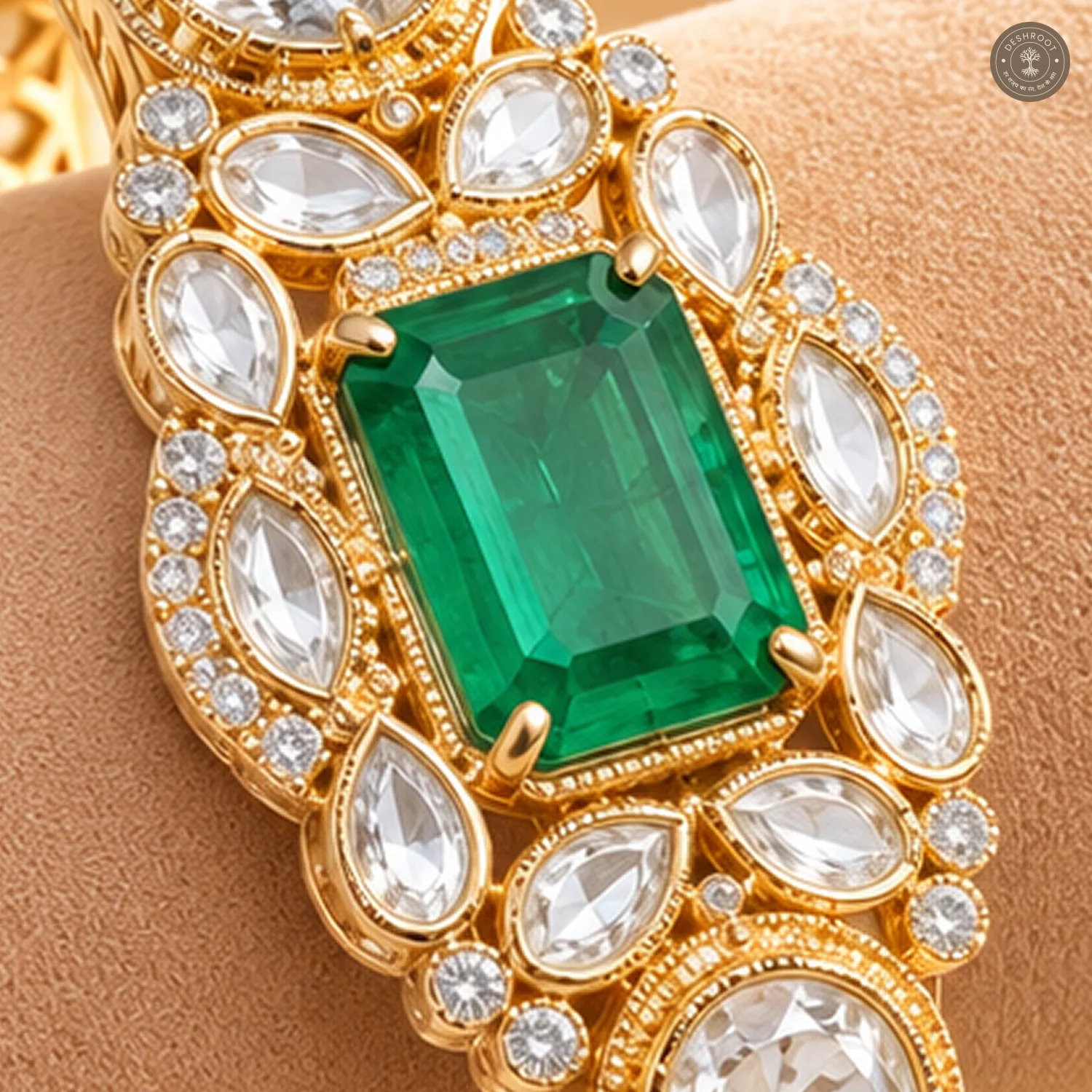 Emerald-Cut Centre Stone Cluster Gold-Tone Kada Bracelet
