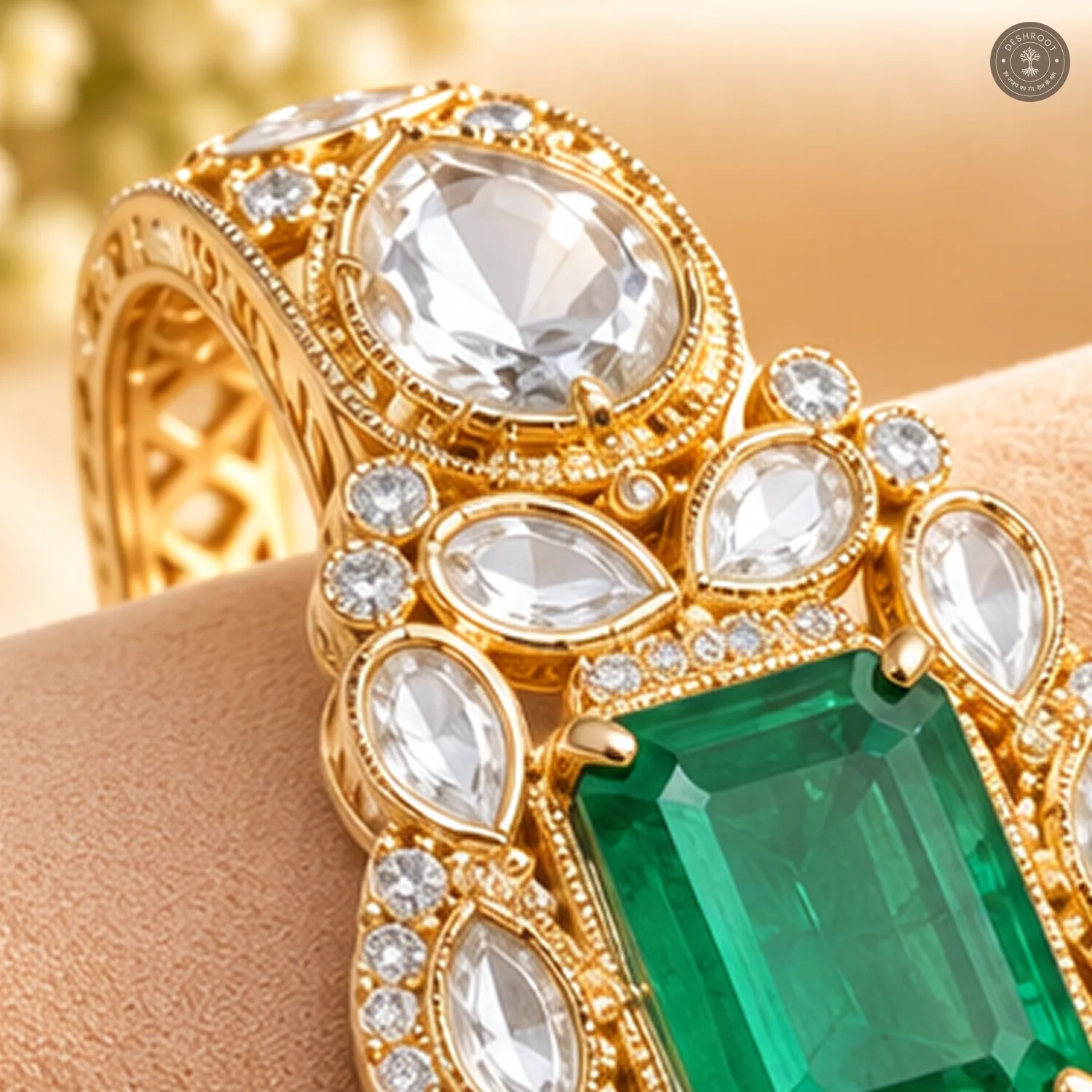 Emerald-Cut Centre Stone Cluster Gold-Tone Kada Bracelet