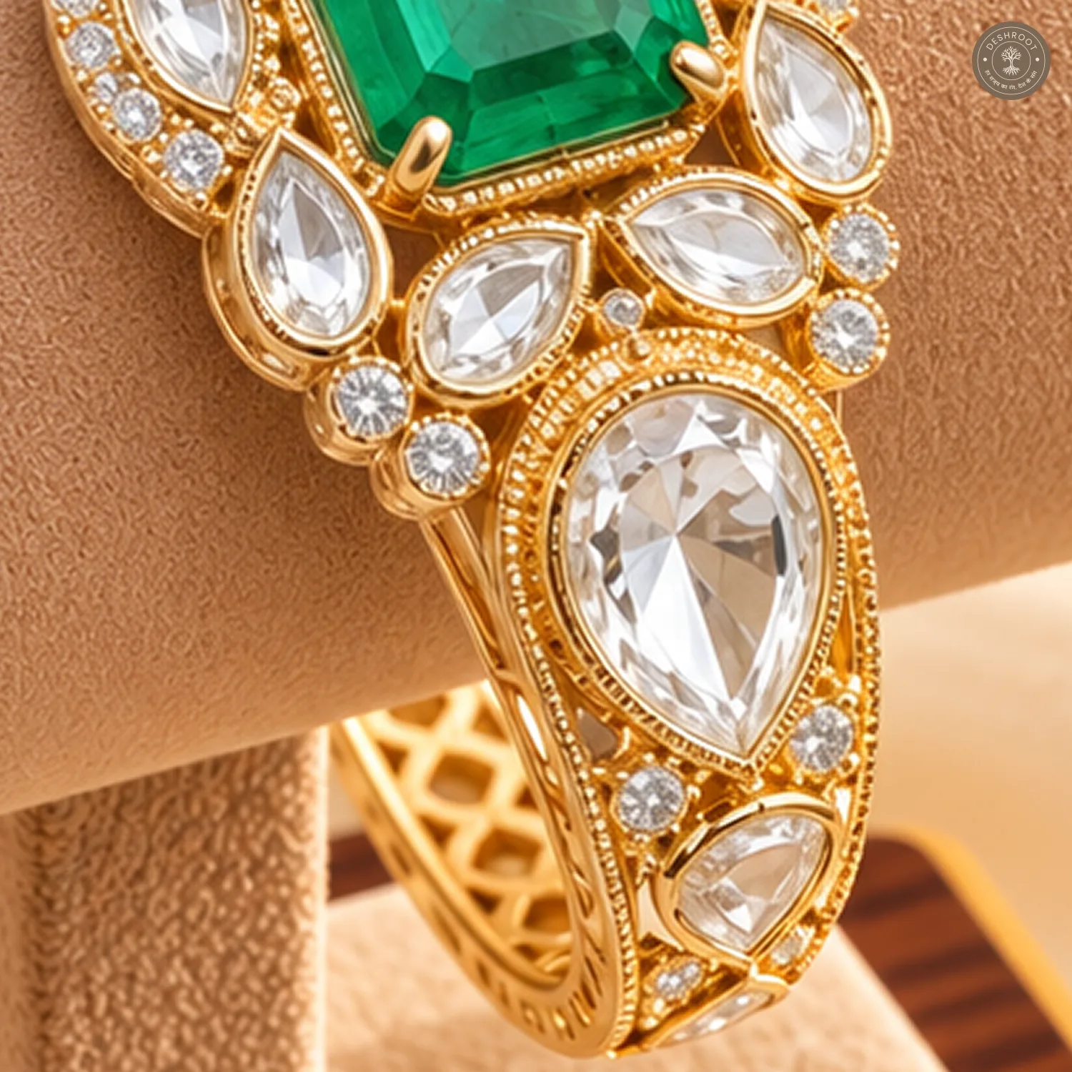 Emerald-Cut Centre Stone Cluster Gold-Tone Kada Bracelet