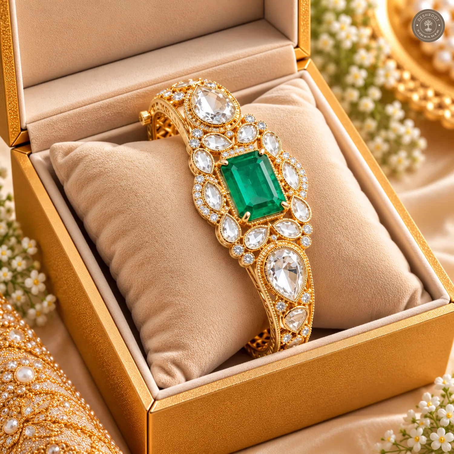 Emerald-Cut Centre Stone Cluster Gold-Tone Kada Bracelet