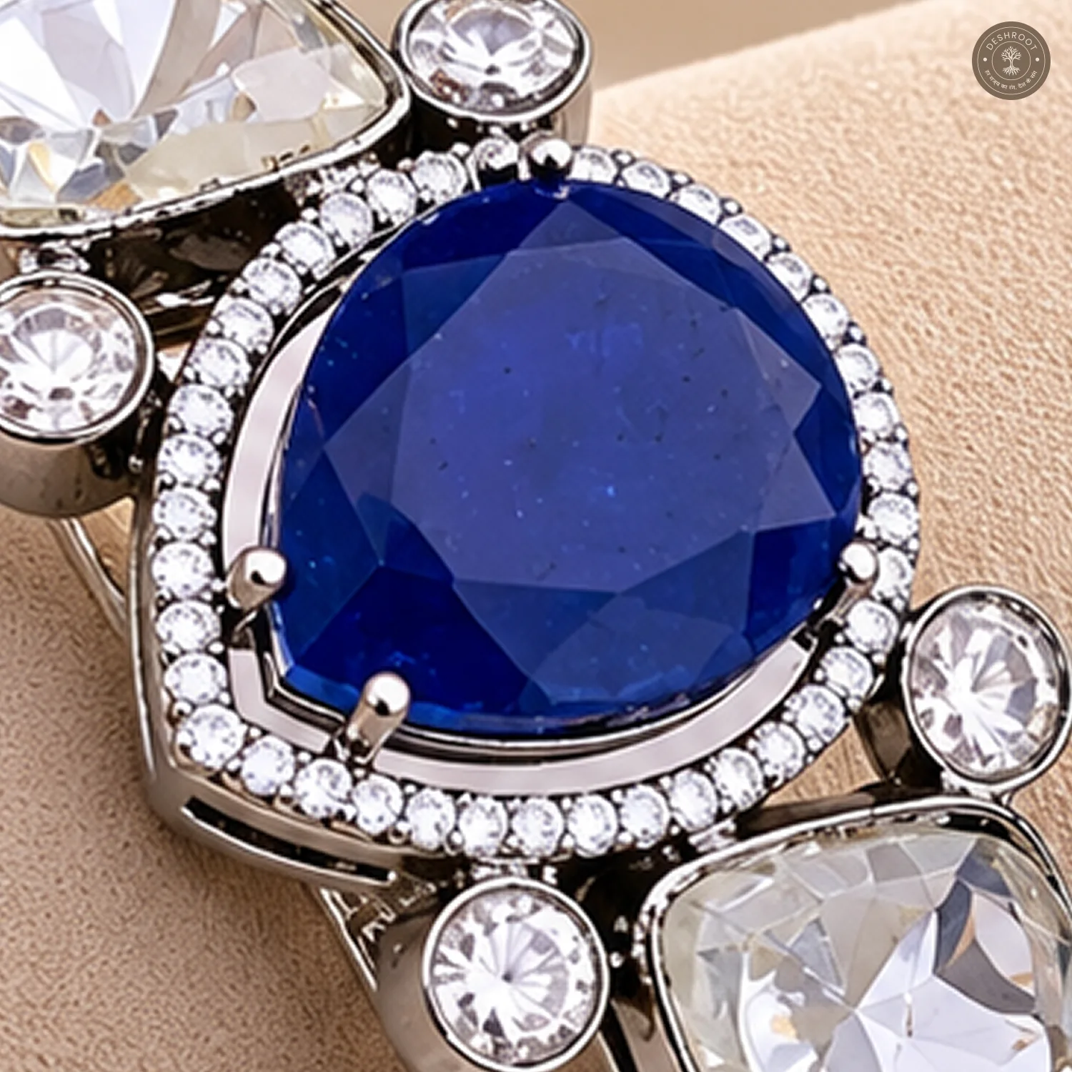 Blue Pear Centre Stone Silver-Tone Kada Bracelet
