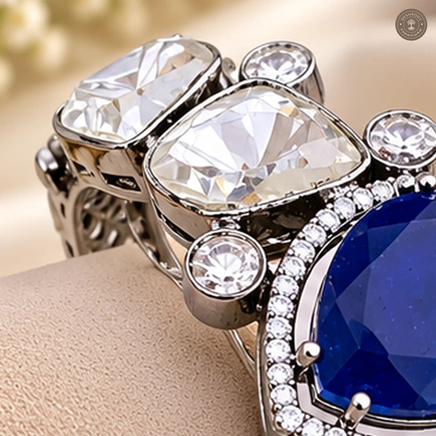 Blue Pear Centre Stone Silver-Tone Kada Bracelet