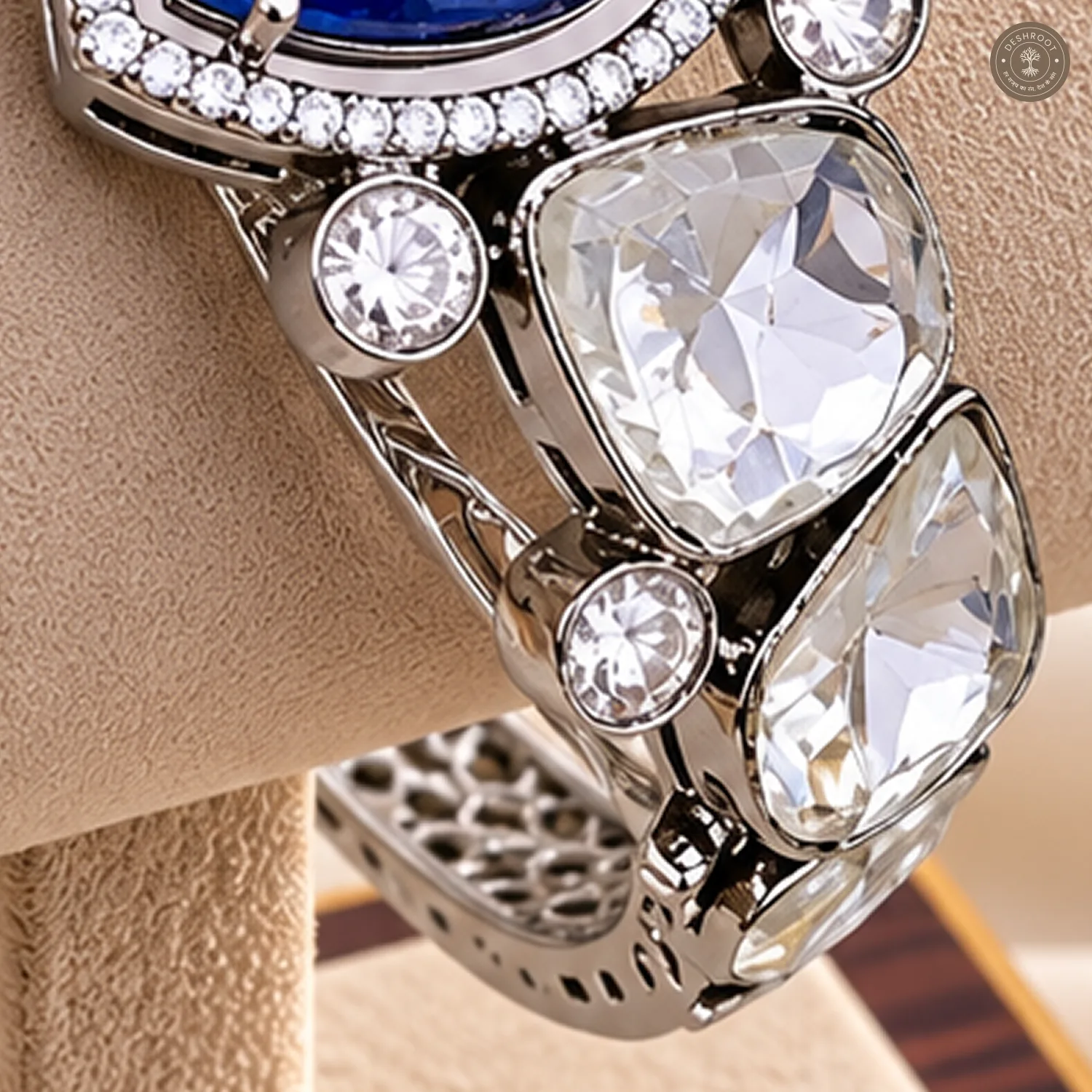 Blue Pear Centre Stone Silver-Tone Kada Bracelet