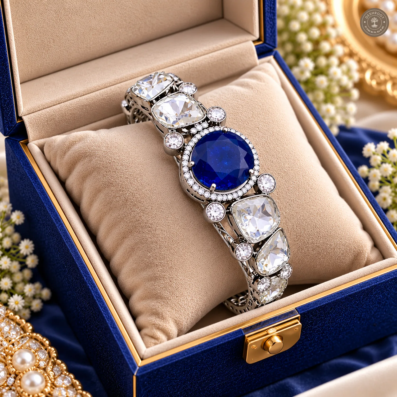 Blue Pear Centre Stone Silver-Tone Kada Bracelet