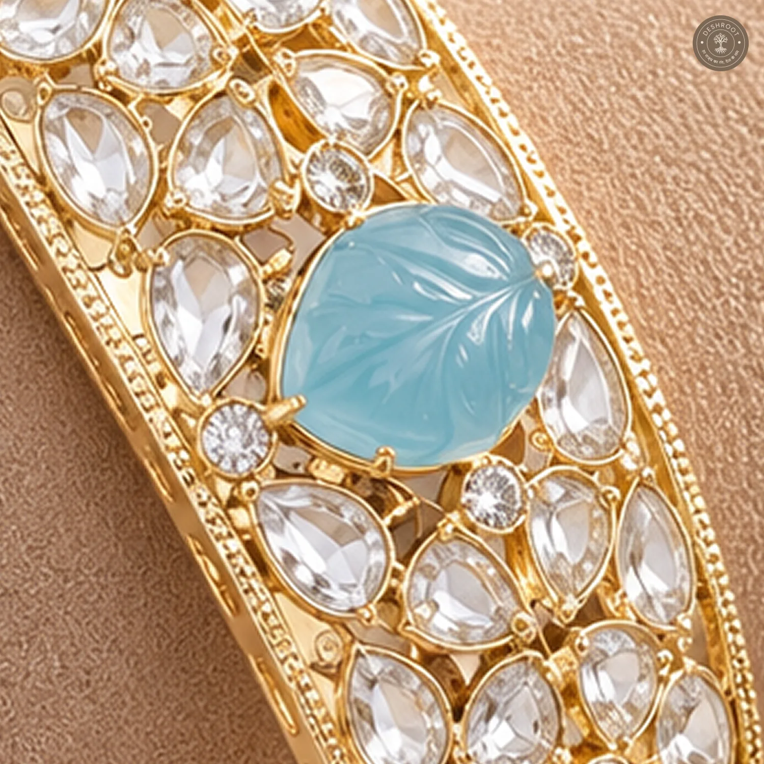 Carved Aqua Leaf Stone Gold-Tone Kada Bracelet