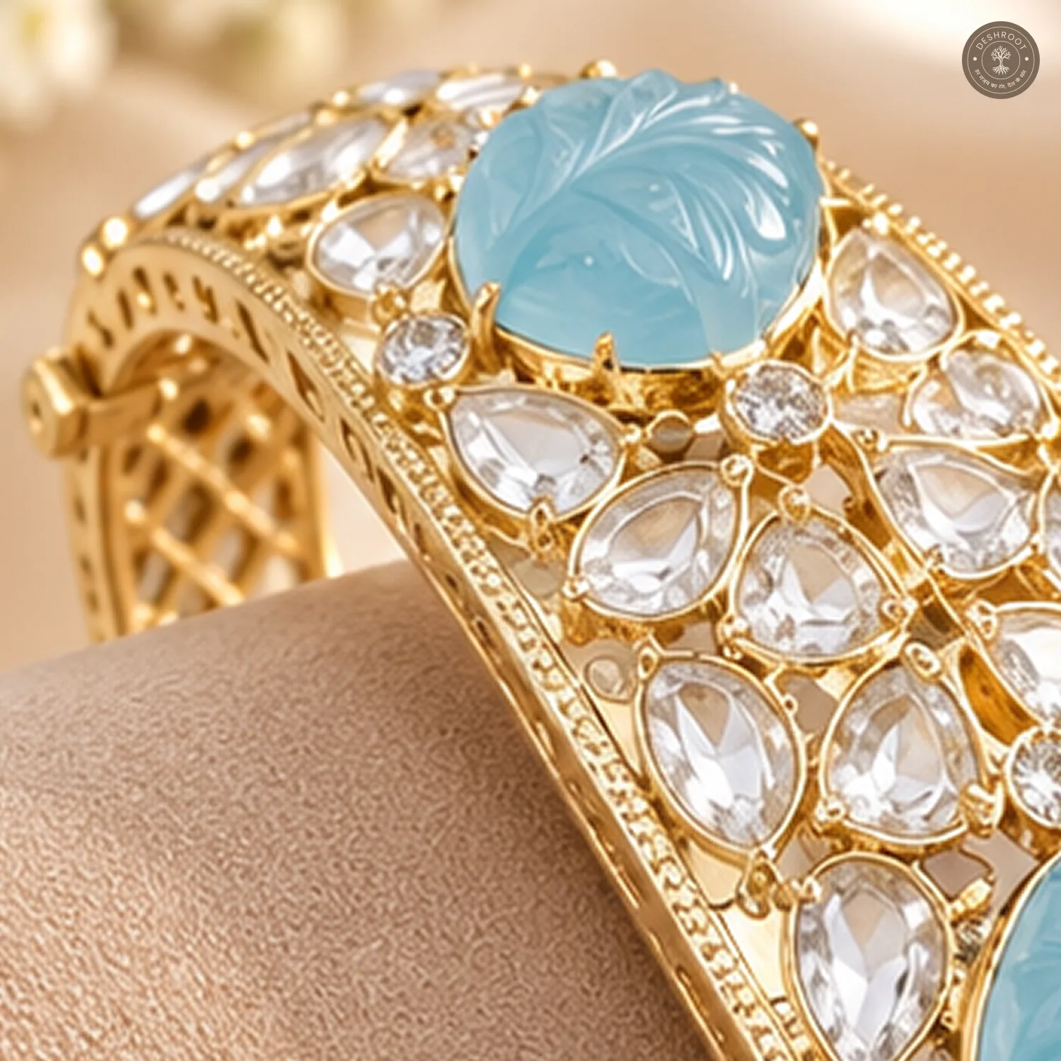 Carved Aqua Leaf Stone Gold-Tone Kada Bracelet