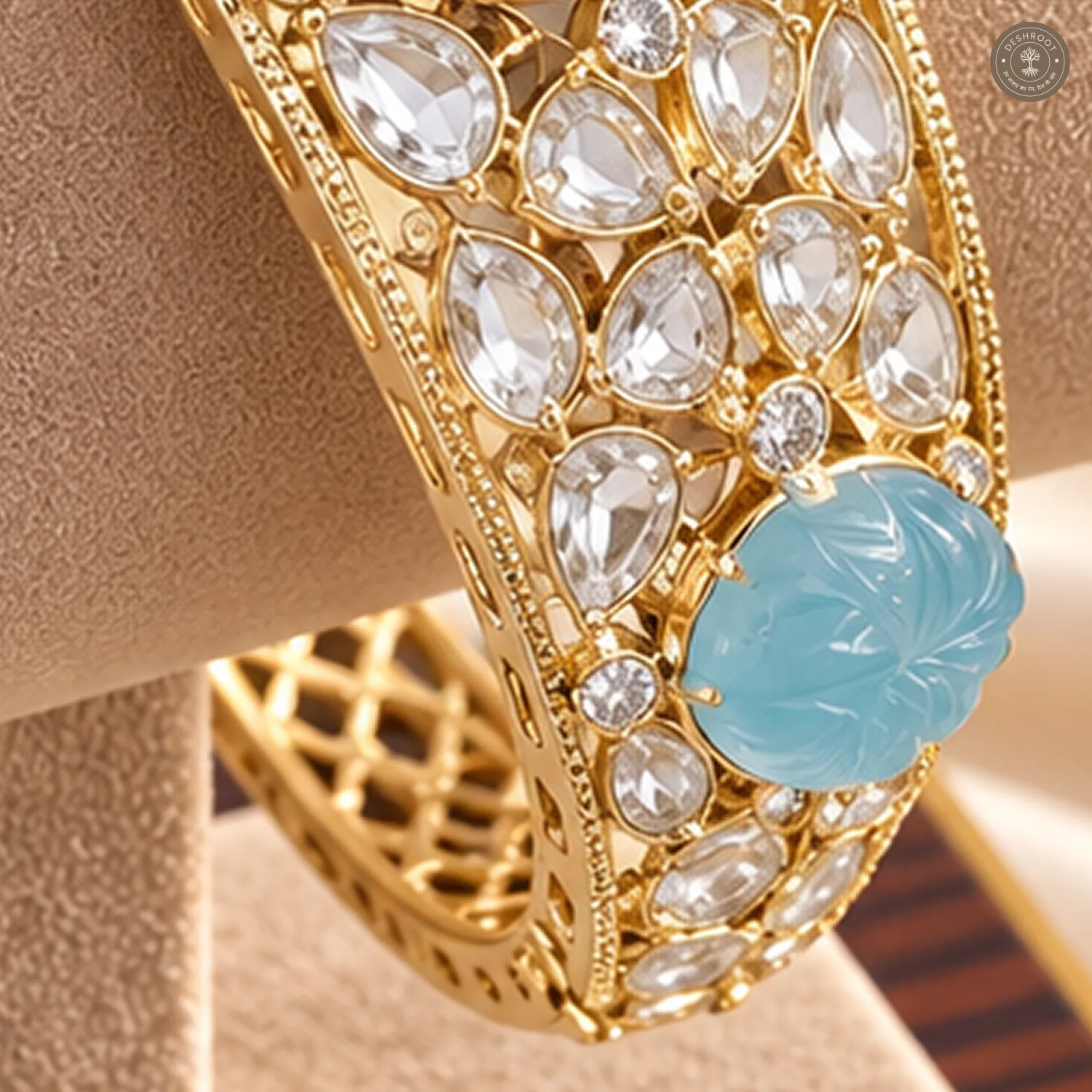 Carved Aqua Leaf Stone Gold-Tone Kada Bracelet