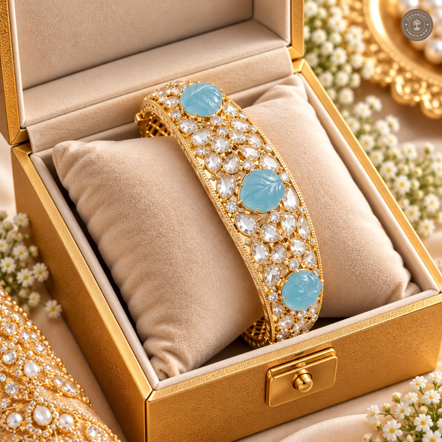 Carved Aqua Leaf Stone Gold-Tone Kada Bracelet