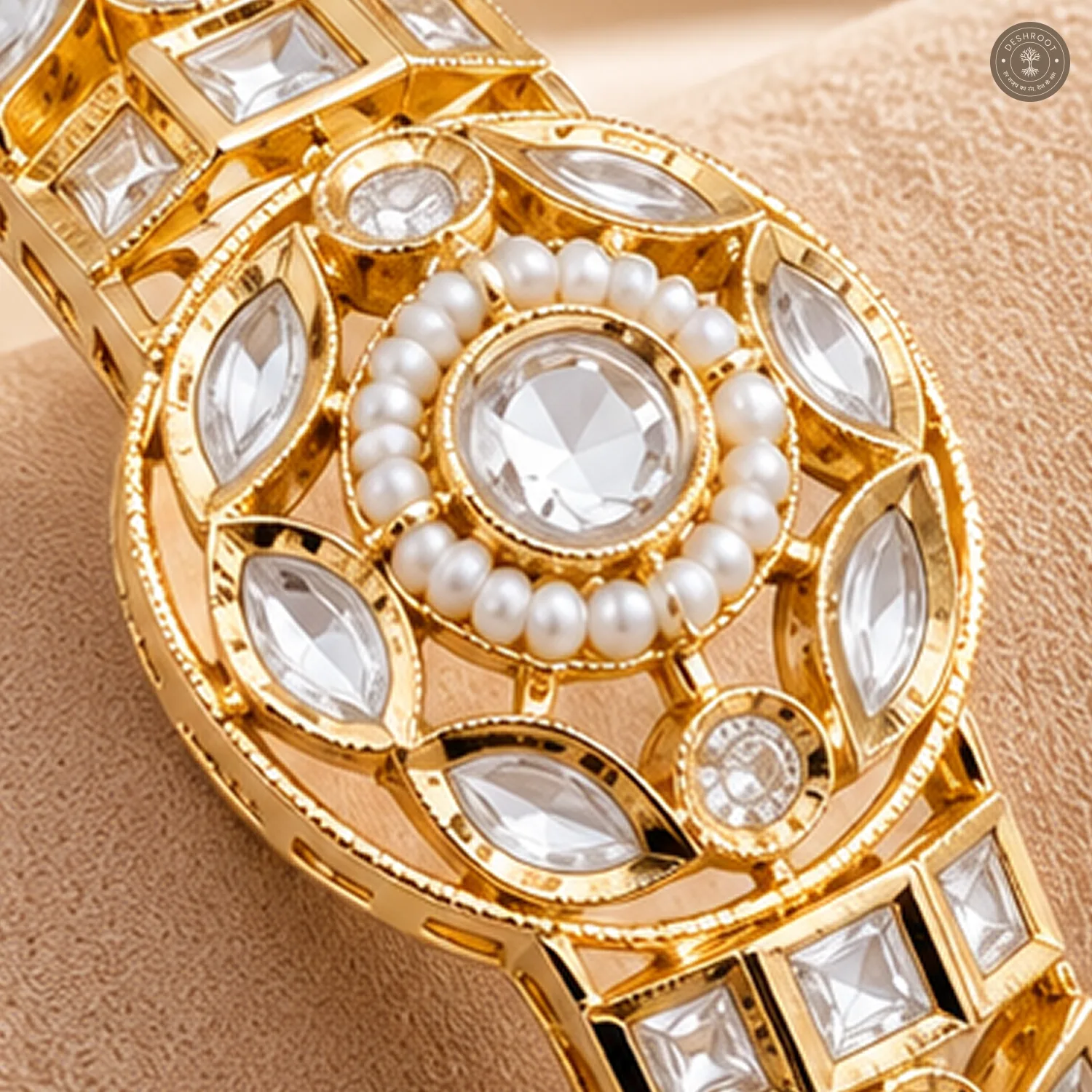 Round Medallion Square Stone Pearl Accent Gold-Tone Kada Bracelet