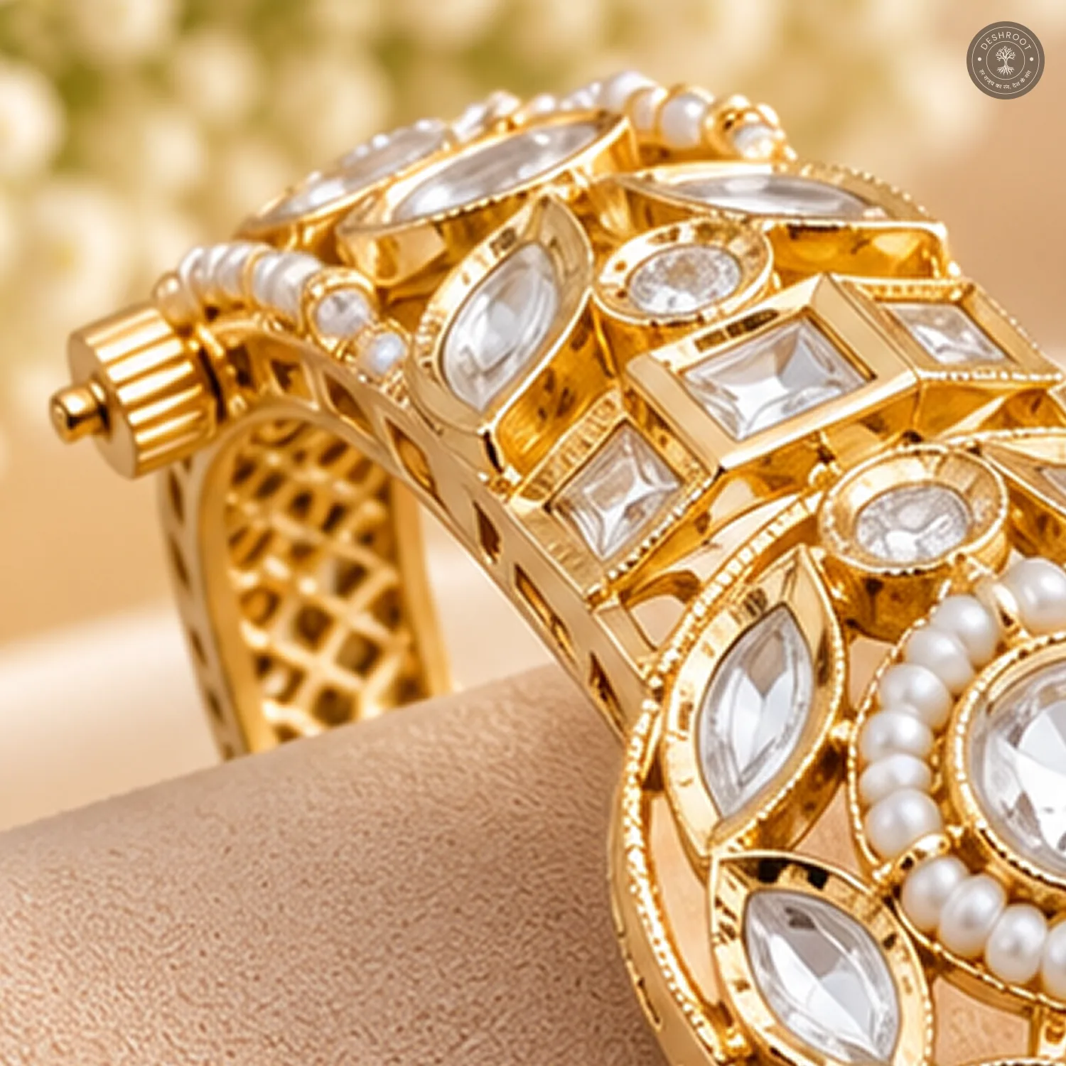 Round Medallion Square Stone Pearl Accent Gold-Tone Kada Bracelet