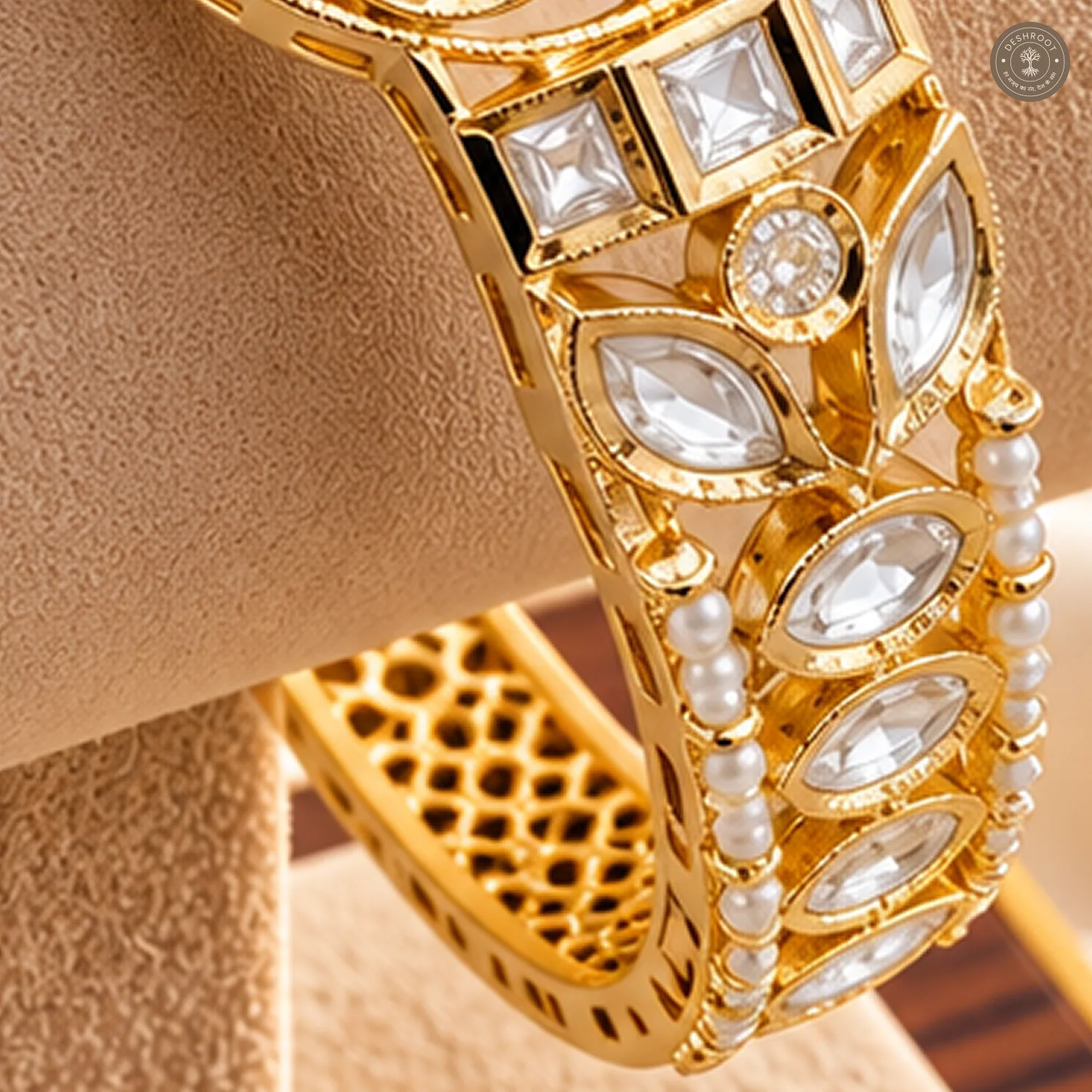 Round Medallion Square Stone Pearl Accent Gold-Tone Kada Bracelet
