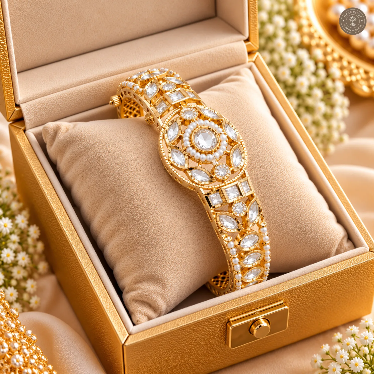 Round Medallion Square Stone Pearl Accent Gold-Tone Kada Bracelet