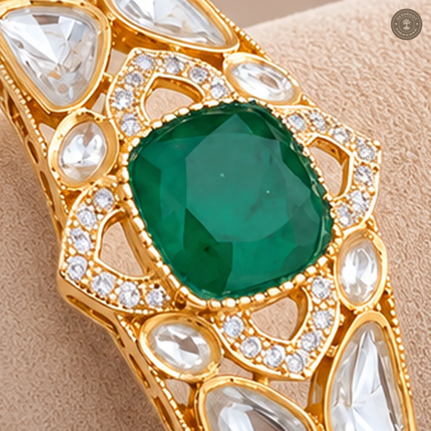 Cushion Stone Floral Halo Gold-Tone Kada Bracelet