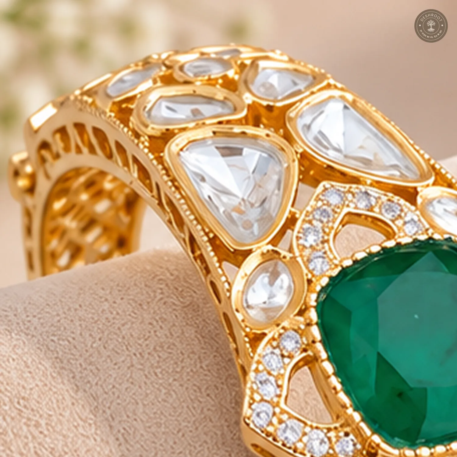 Cushion Stone Floral Halo Gold-Tone Kada Bracelet