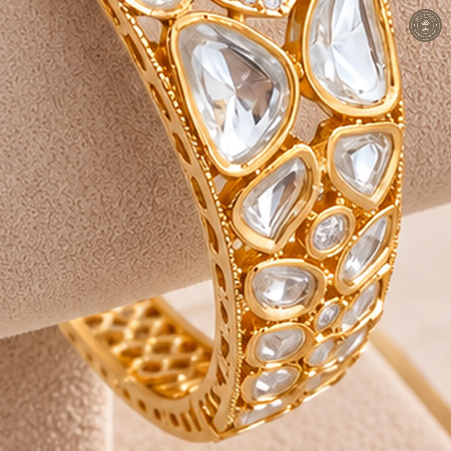 Cushion Stone Floral Halo Gold-Tone Kada Bracelet