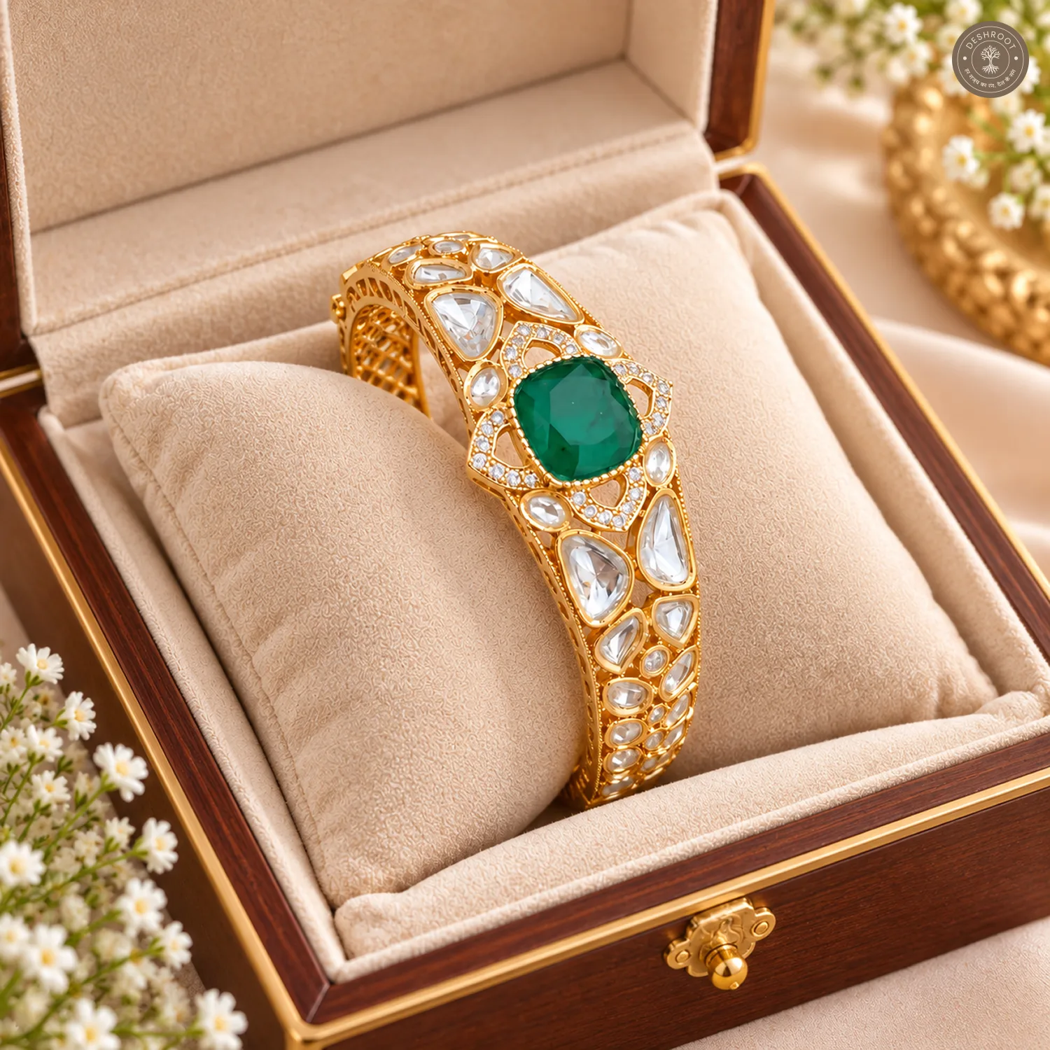 Cushion Stone Floral Halo Gold-Tone Kada Bracelet