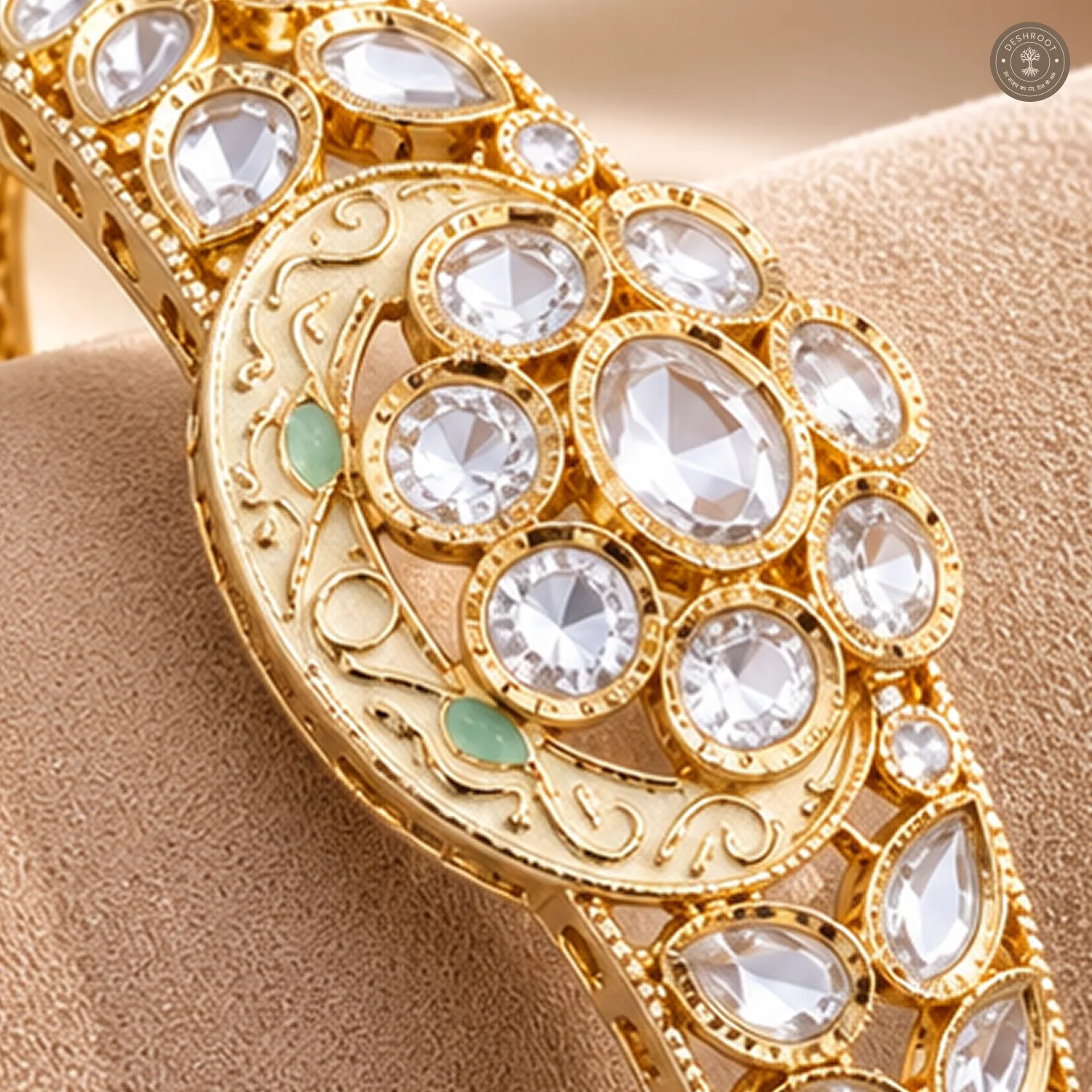 Ivory Enamel Disc Clear Stone Gold-Tone Kada Bracelet