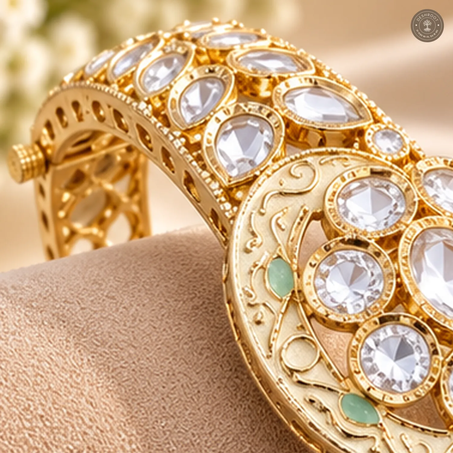 Ivory Enamel Disc Clear Stone Gold-Tone Kada Bracelet
