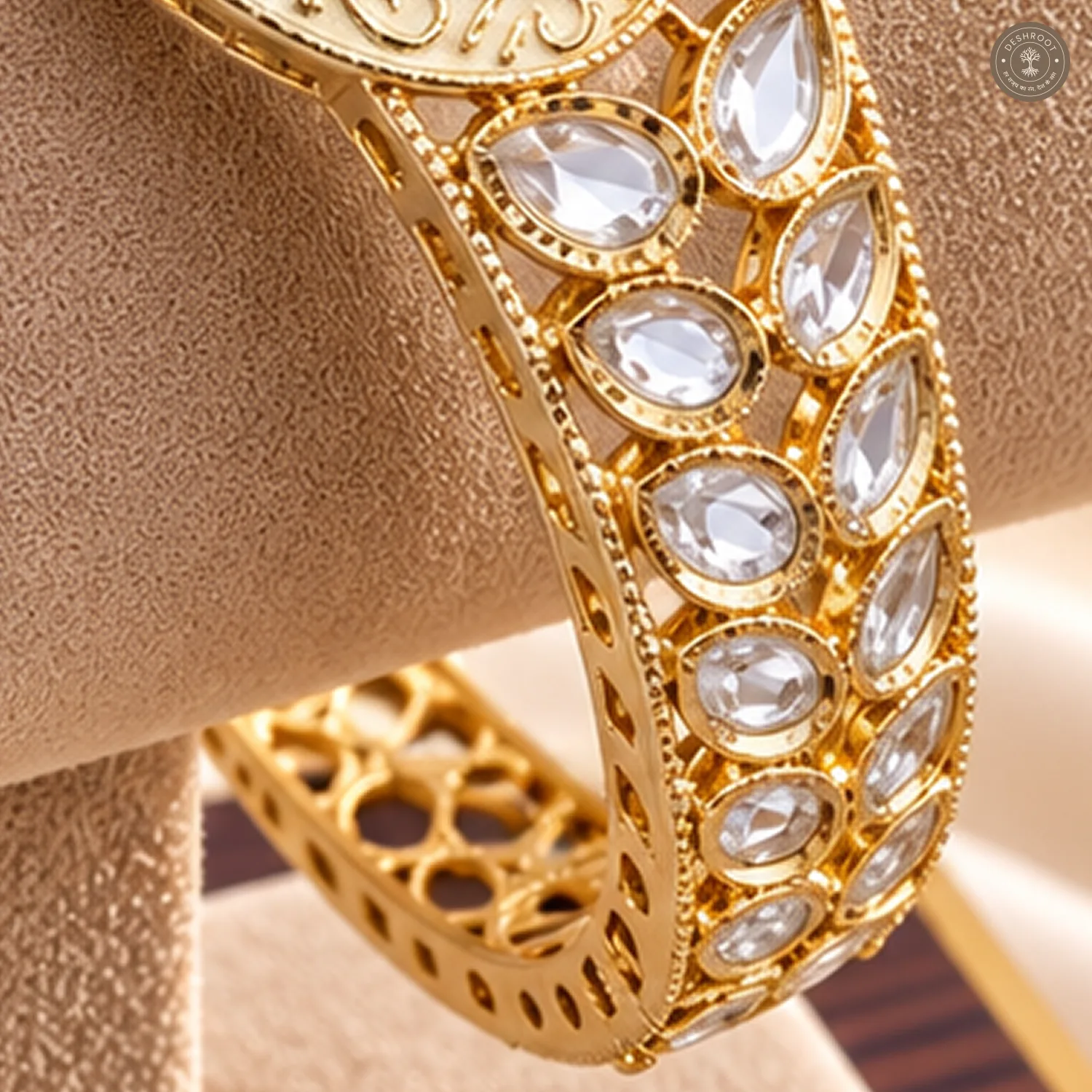 Ivory Enamel Disc Clear Stone Gold-Tone Kada Bracelet