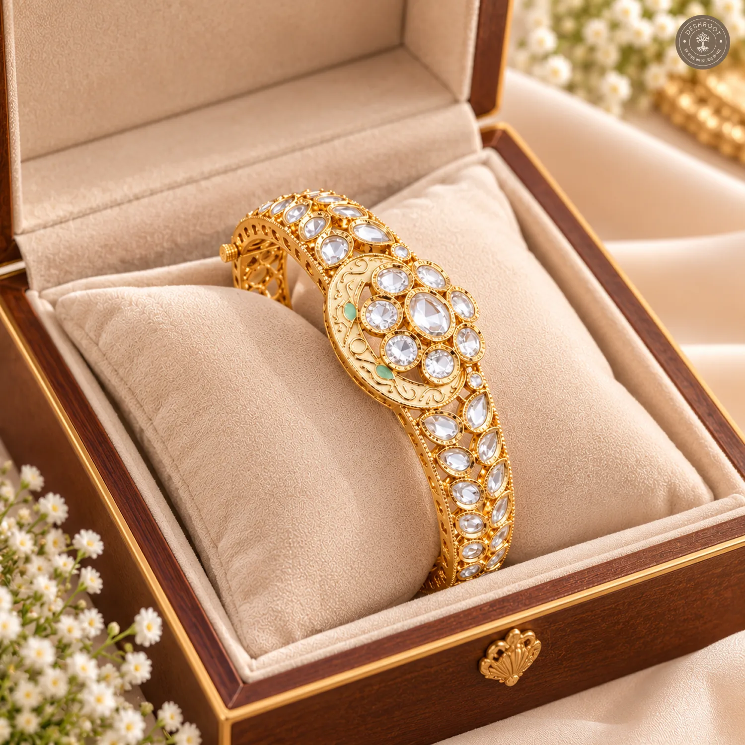 Ivory Enamel Disc Clear Stone Gold-Tone Kada Bracelet