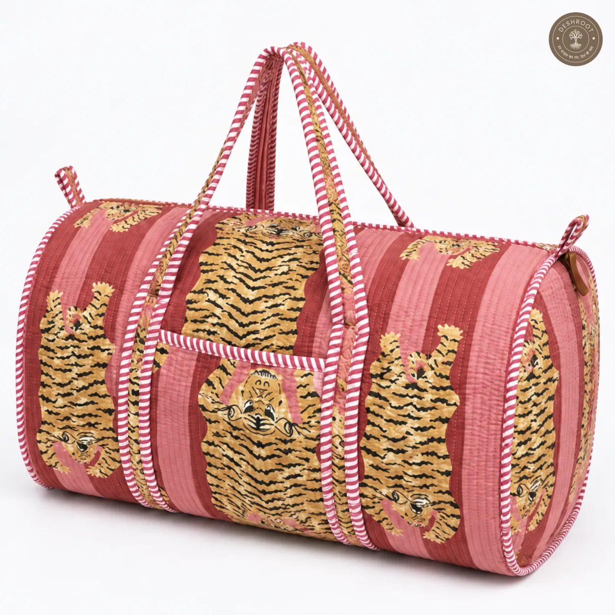 Handcrafted Quilted Tiger Print Cotton Duffel Bag