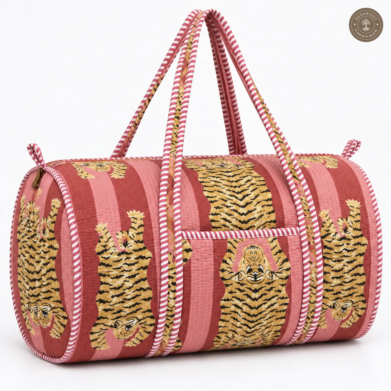 Handcrafted Quilted Tiger Print Cotton Duffel Bag