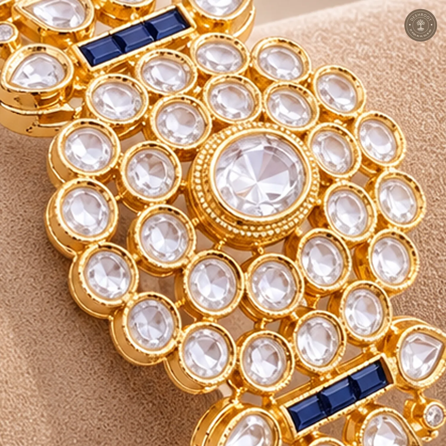 Clear Round Stone Cluster Blue Accent Gold-Tone Kada Bracelet