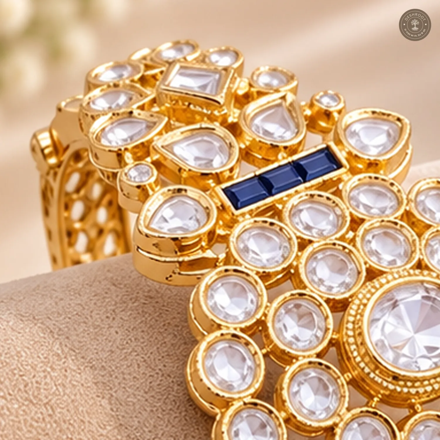 Clear Round Stone Cluster Blue Accent Gold-Tone Kada Bracelet