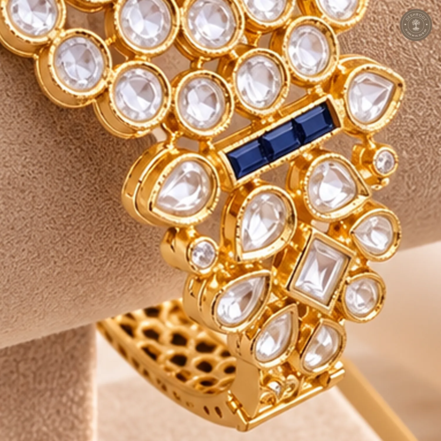 Clear Round Stone Cluster Blue Accent Gold-Tone Kada Bracelet