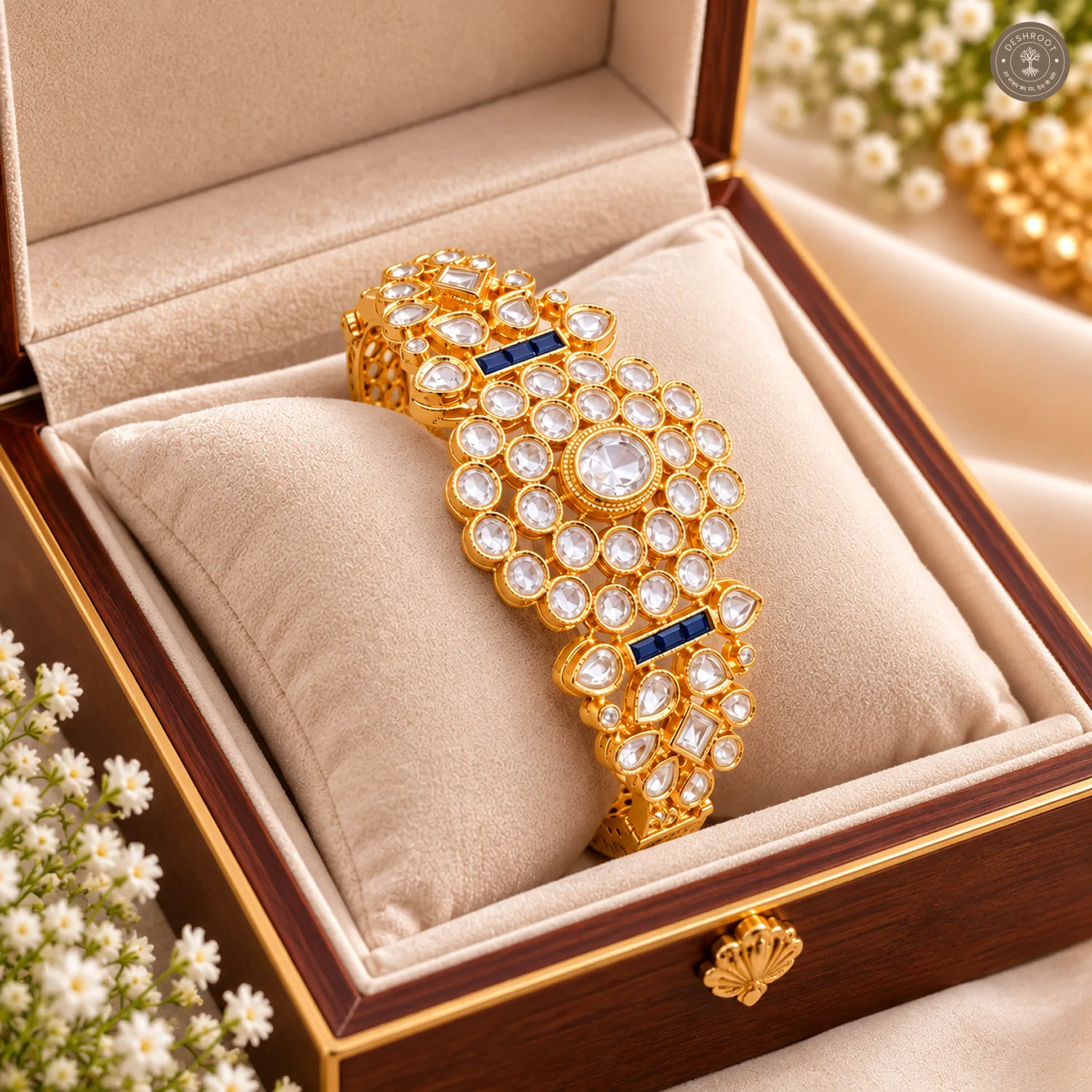Clear Round Stone Cluster Blue Accent Gold-Tone Kada Bracelet