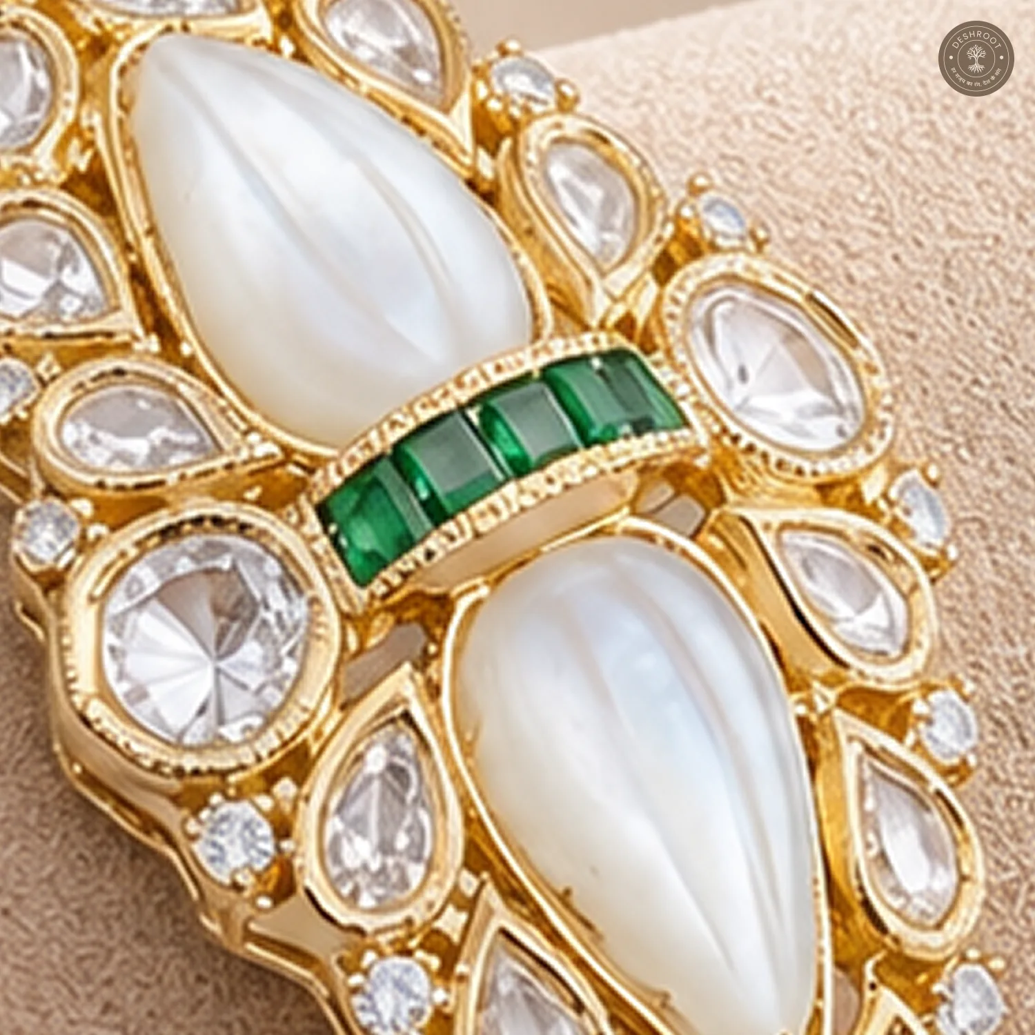 Twin White Teardrop Green Accent Gold-Tone Kada Bracelet