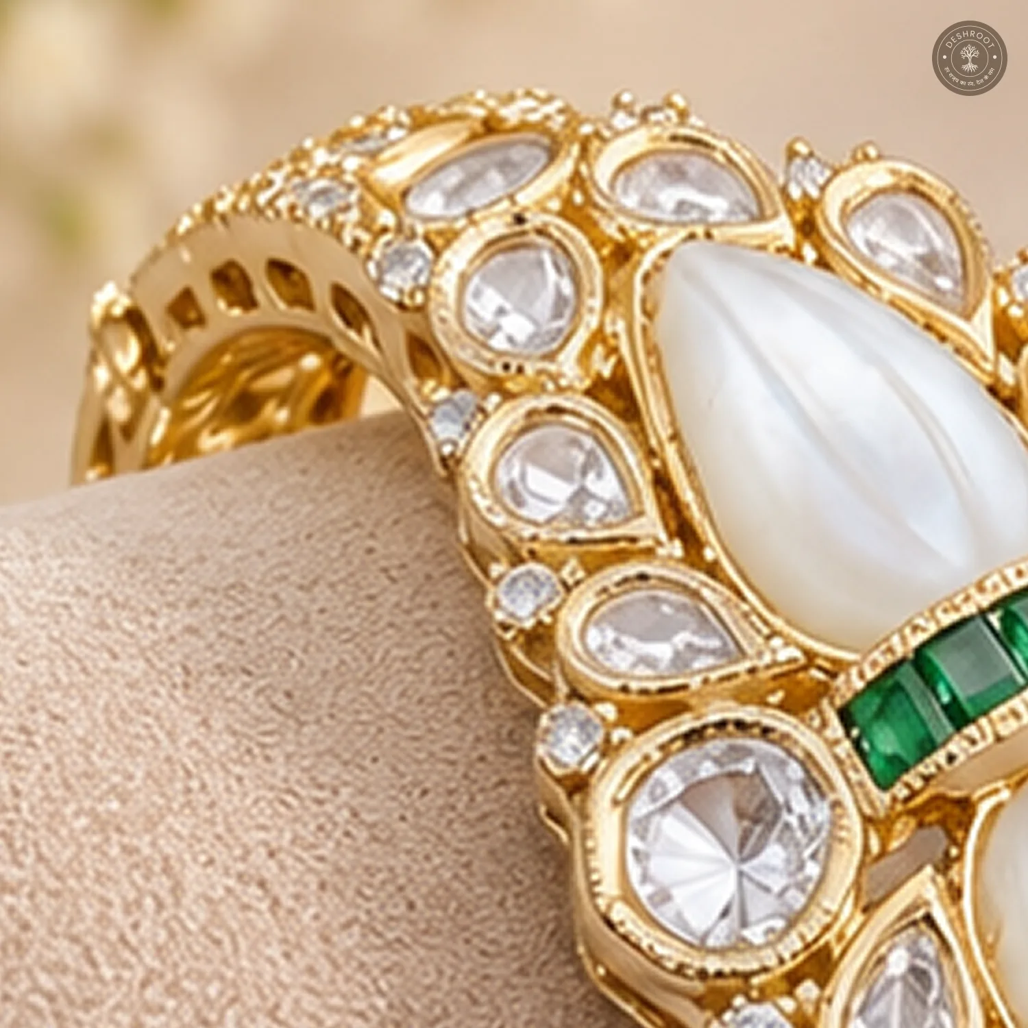 Twin White Teardrop Green Accent Gold-Tone Kada Bracelet