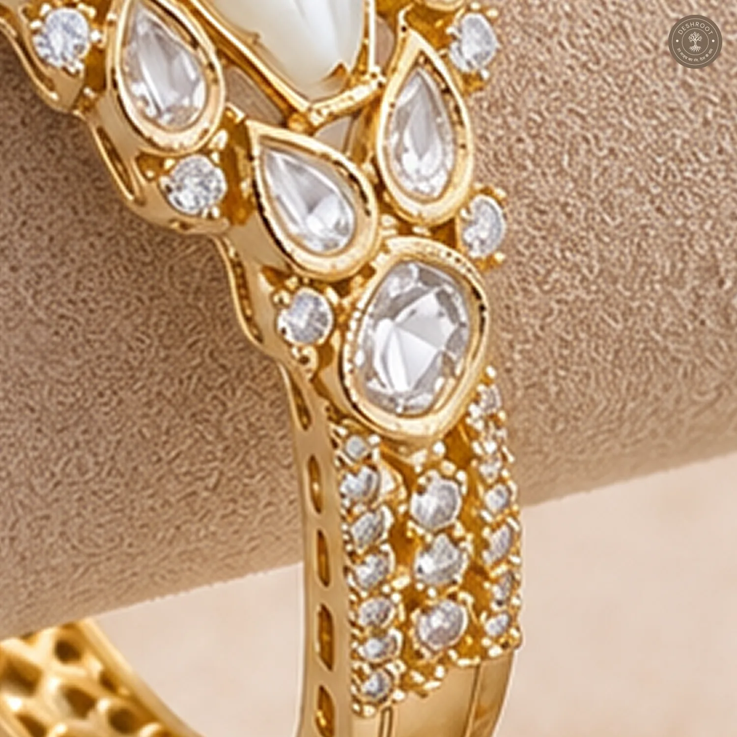 Twin White Teardrop Green Accent Gold-Tone Kada Bracelet