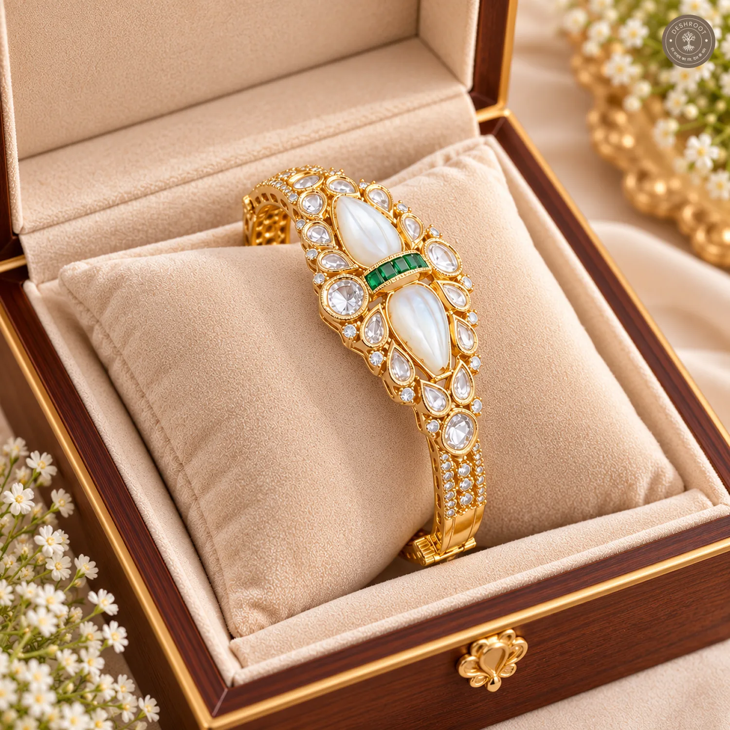 Twin White Teardrop Green Accent Gold-Tone Kada Bracelet